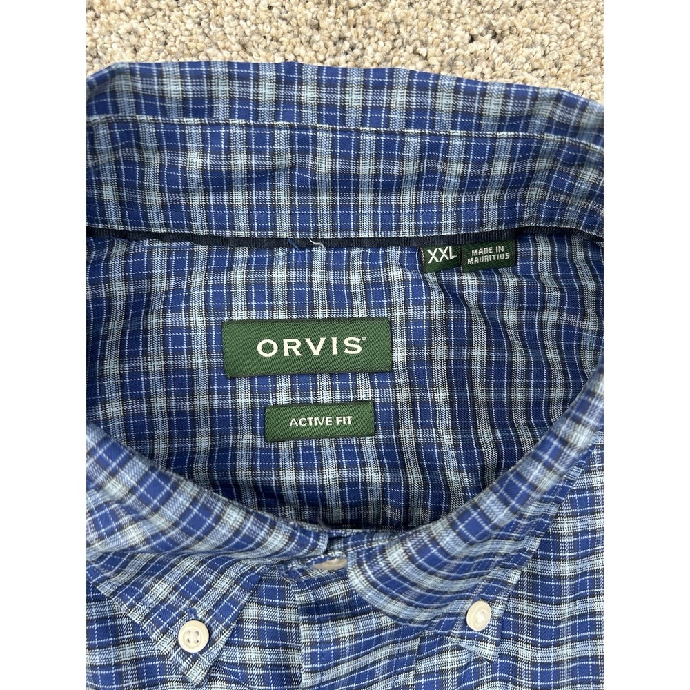 Men's Orvis Blue Plaid Long Sleeve Shirt Size XXL Active Fit